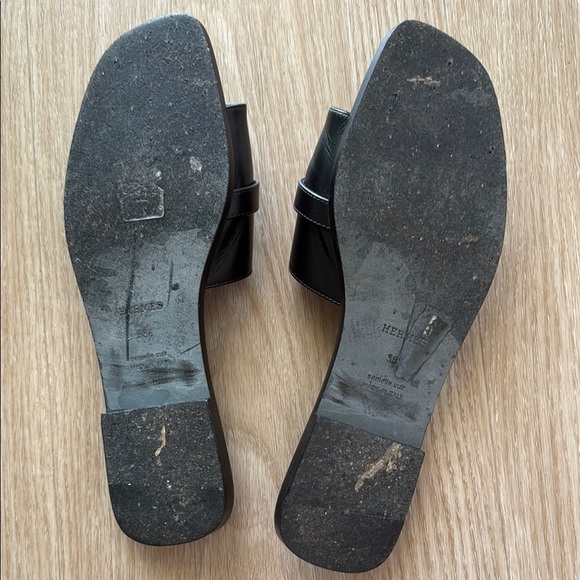 Hermes Giulia Black Slide Sandals with Gold Clasp - Picture 11 of 13